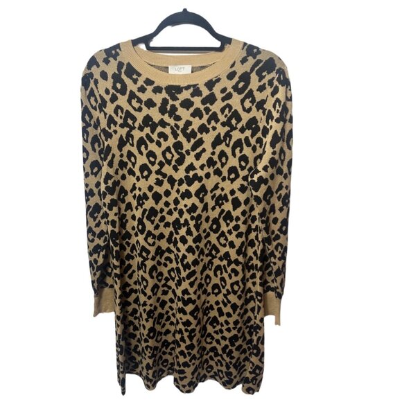Loft Long Sleeve Animal  Print  Sweater Knitted  Tan Dress  Size Large - Picture 3 of 4